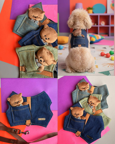 قلاده لباسی جین جیب دار خرسی